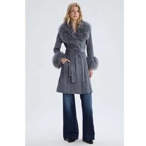 NWT Charlotte Simone Penny Coat XS Dusty Blue Faux Suede Mongolian Trim